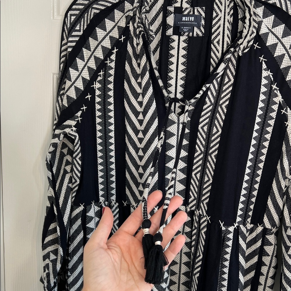 Maeve Anthropologie Black & White Aztec Print Dominique Popover Dress Pockets XS - Picture 10 of 12